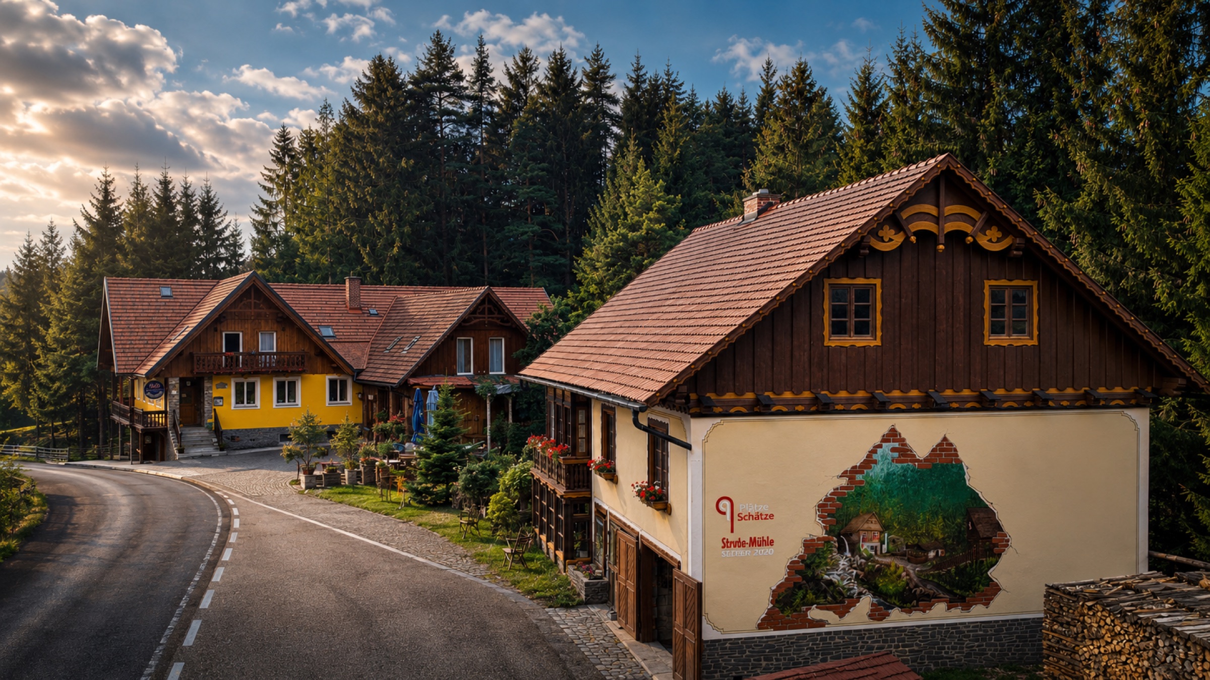 Alpengasthof Strutz — Haupthaus und Mühle vom Sulmtal aus