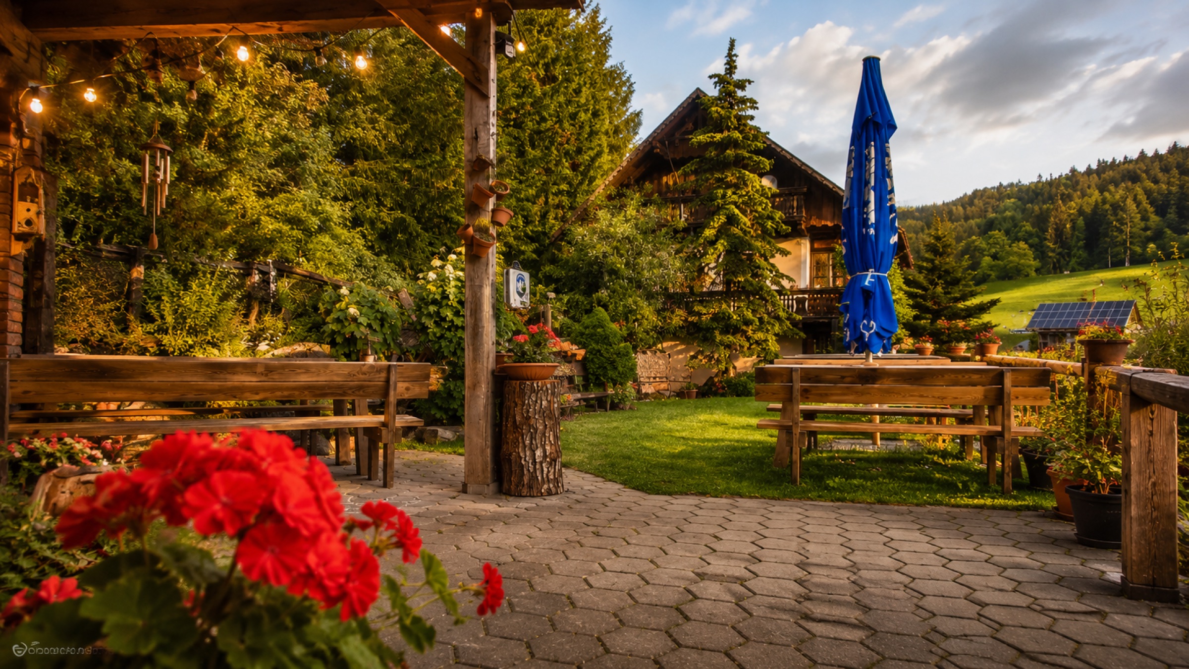 Pergola am Abend mit gedeckter Tafel