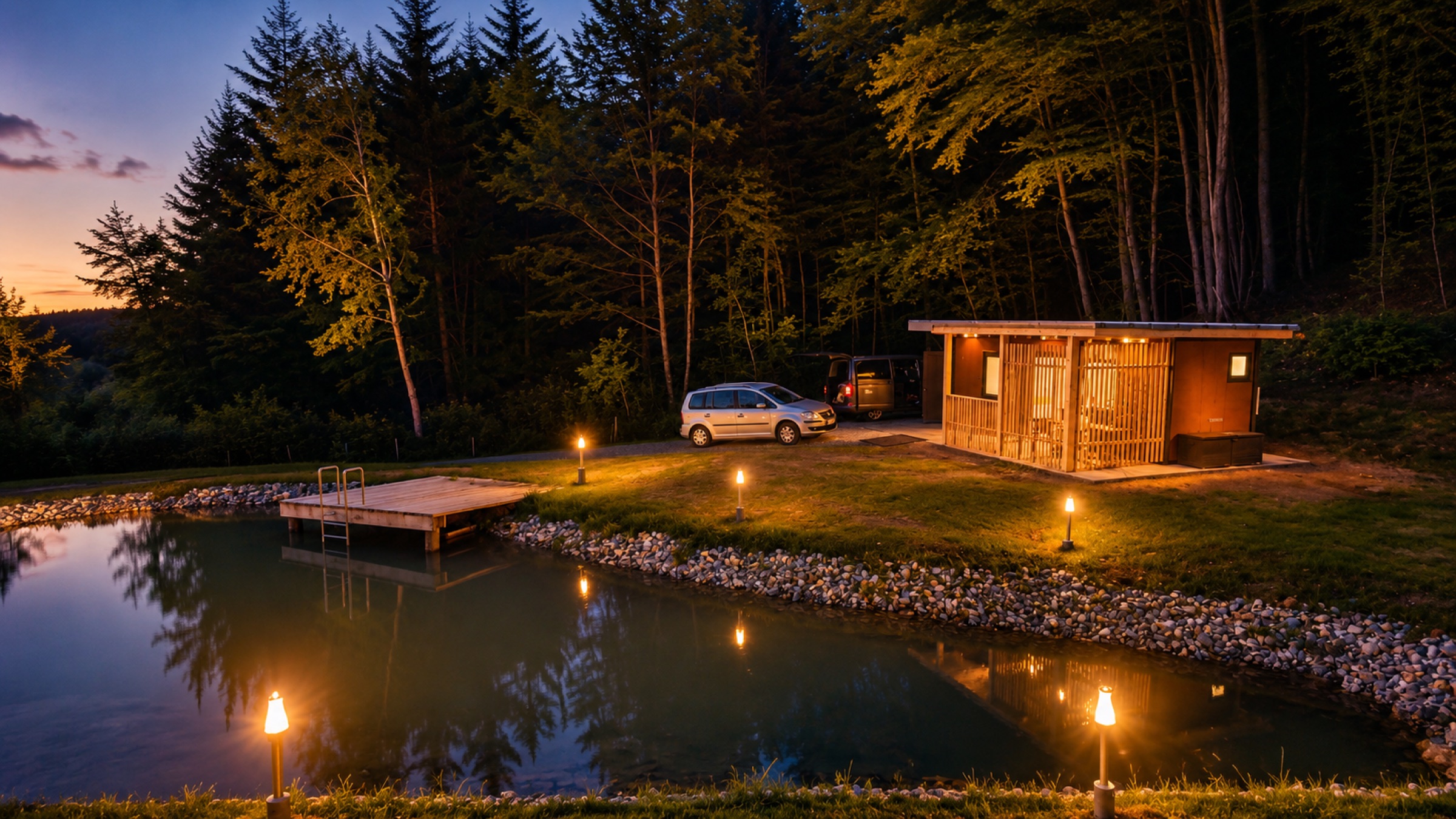 Tiny House bei Nacht mit Fackeln