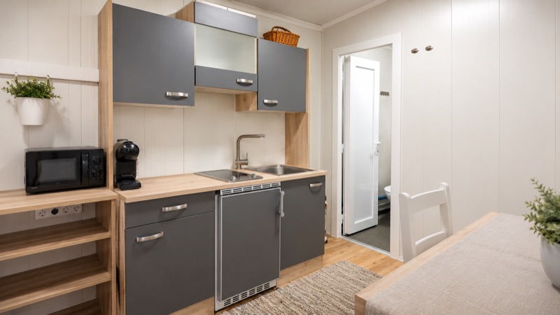 Tiny House Wohnraum mit Blick zum Teich
